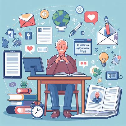 An author happily interacting with readers through various online platforms