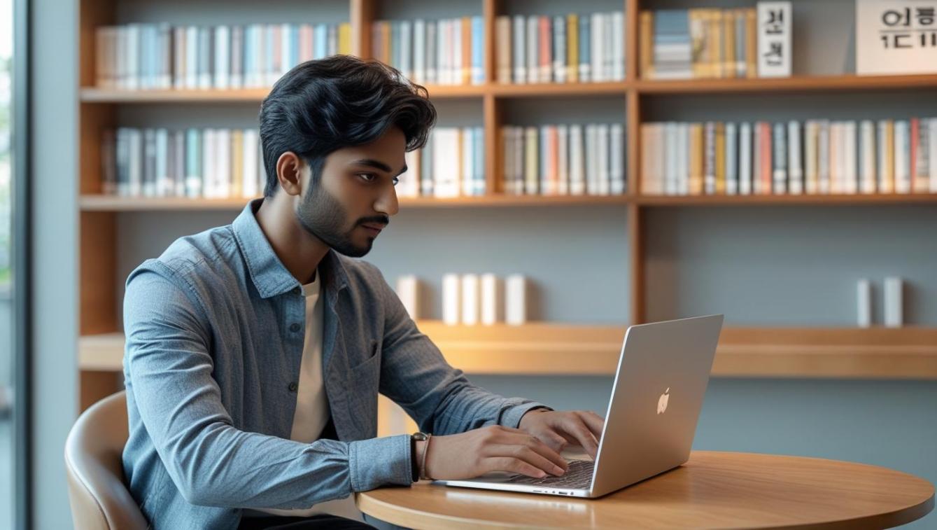 Young professional browsing laptop in Korean café with bookshelves and natural light.